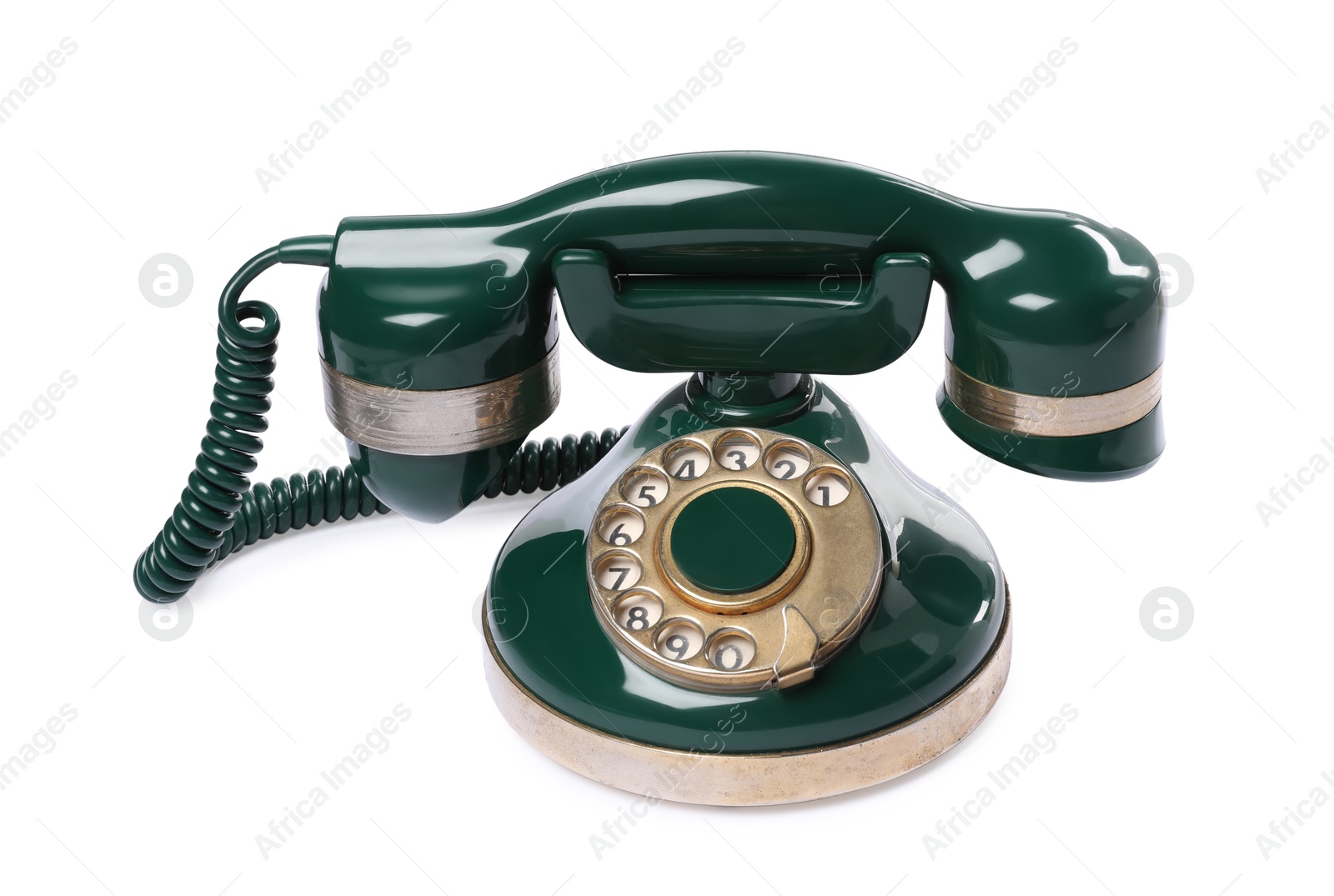 Photo of Green vintage corded telephone isolated on white