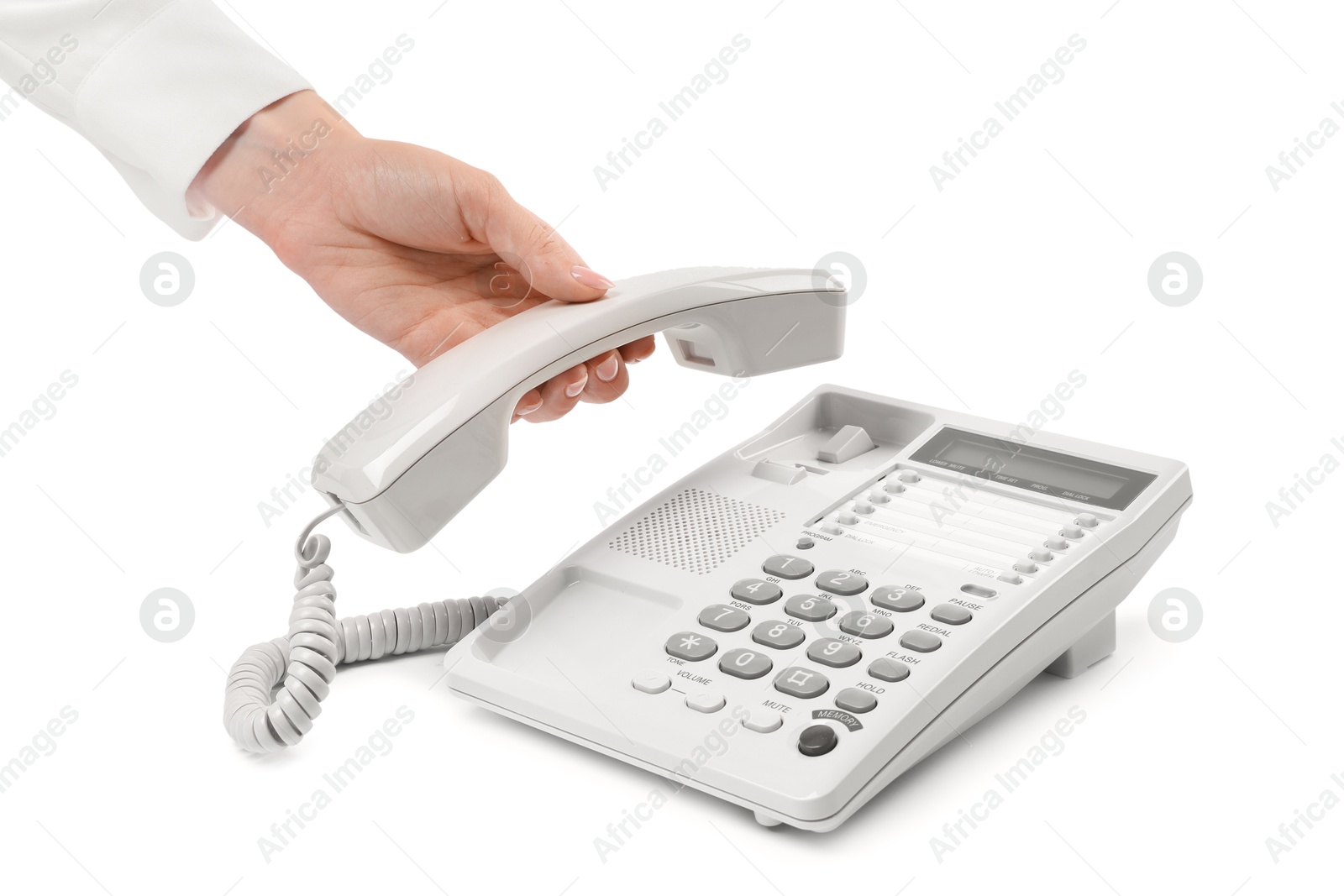 Photo of Woman taking handset of telephone on white background, closeup