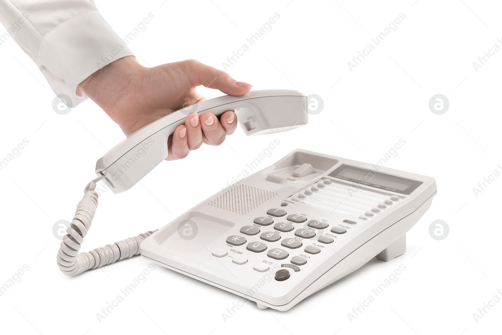 Photo of Woman taking handset of telephone on white background, closeup