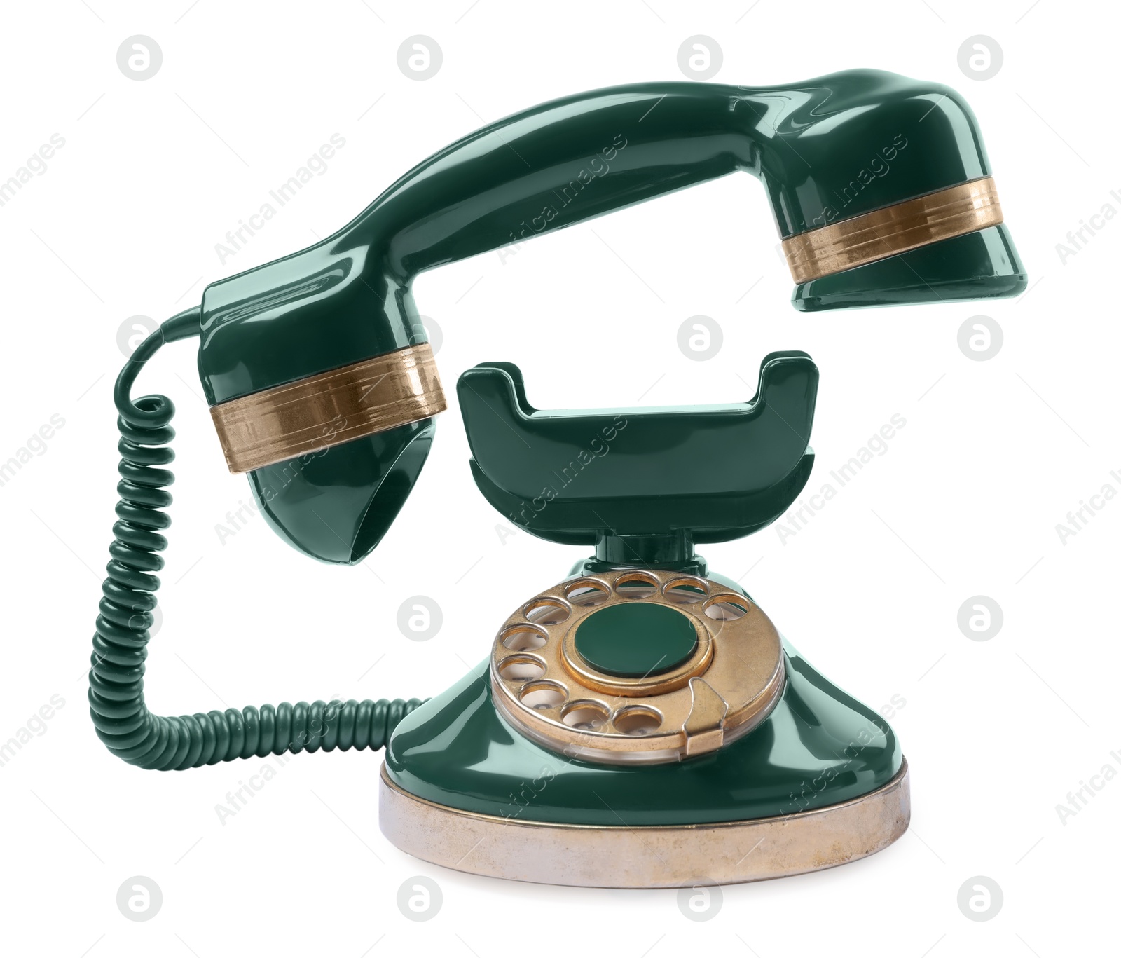 Photo of Green vintage corded telephone isolated on white