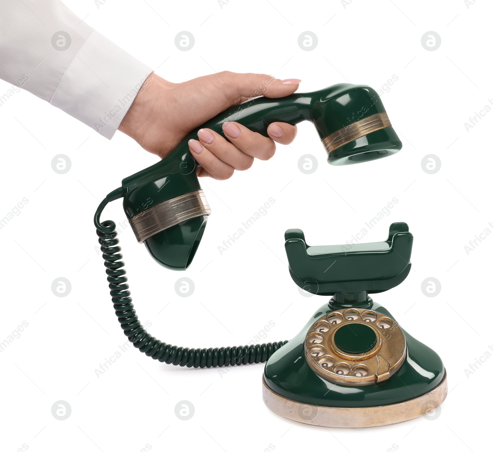 Photo of Woman with green vintage corded telephone on white background, closeup