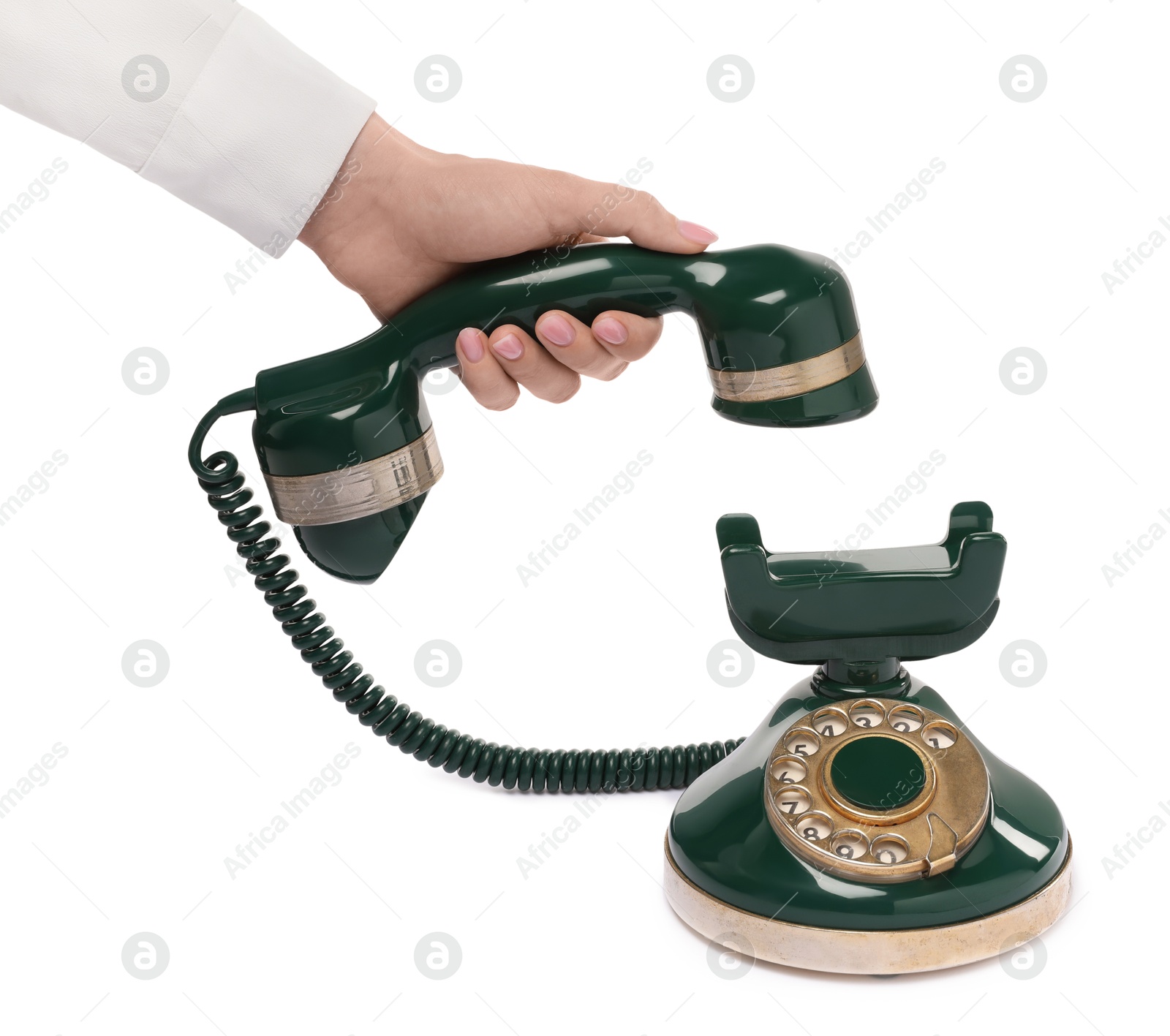 Photo of Woman with green vintage corded telephone on white background, closeup