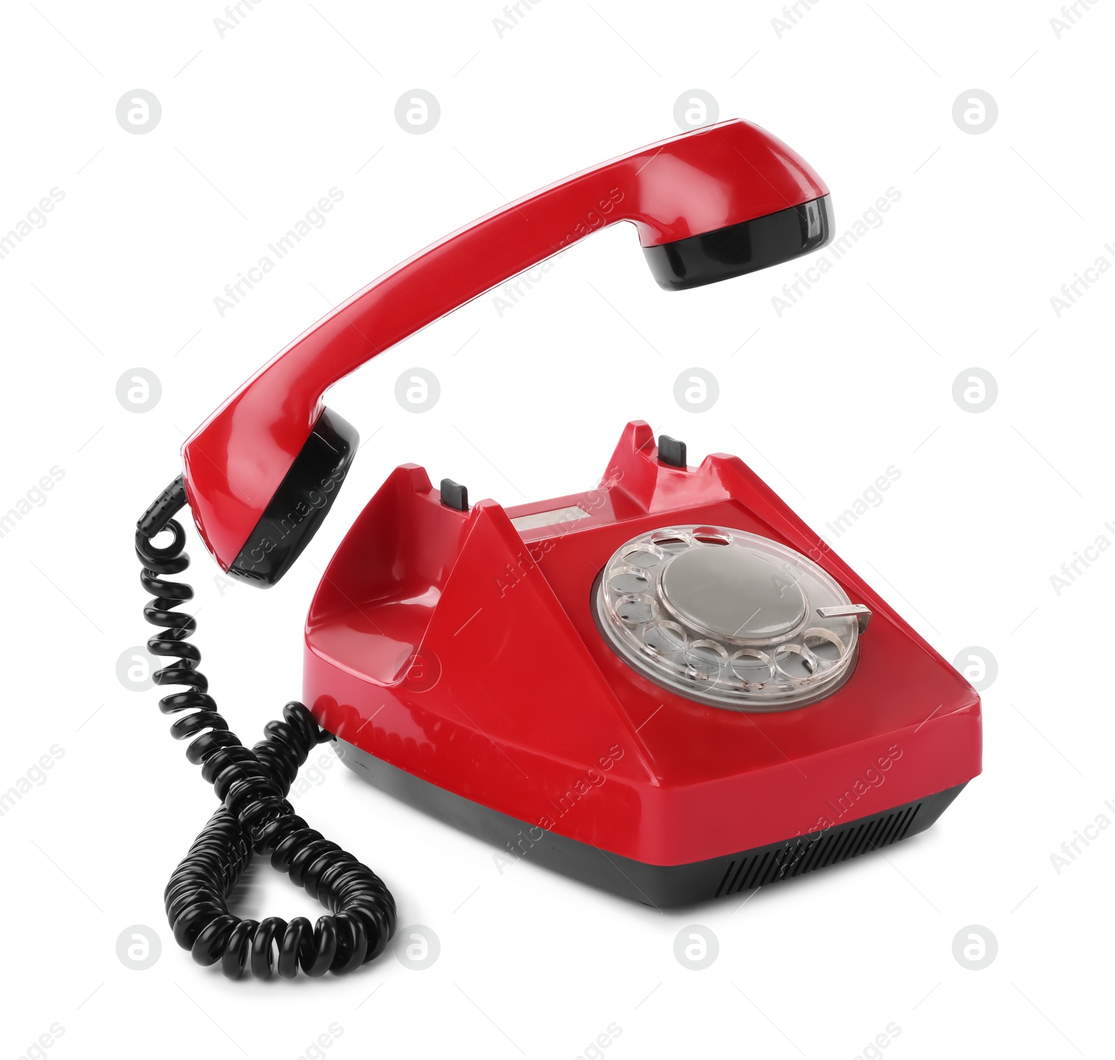 Photo of One red telephone with handset isolated on white