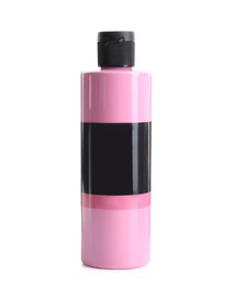 Photo of Pink acrylic paint in bottle isolated on white