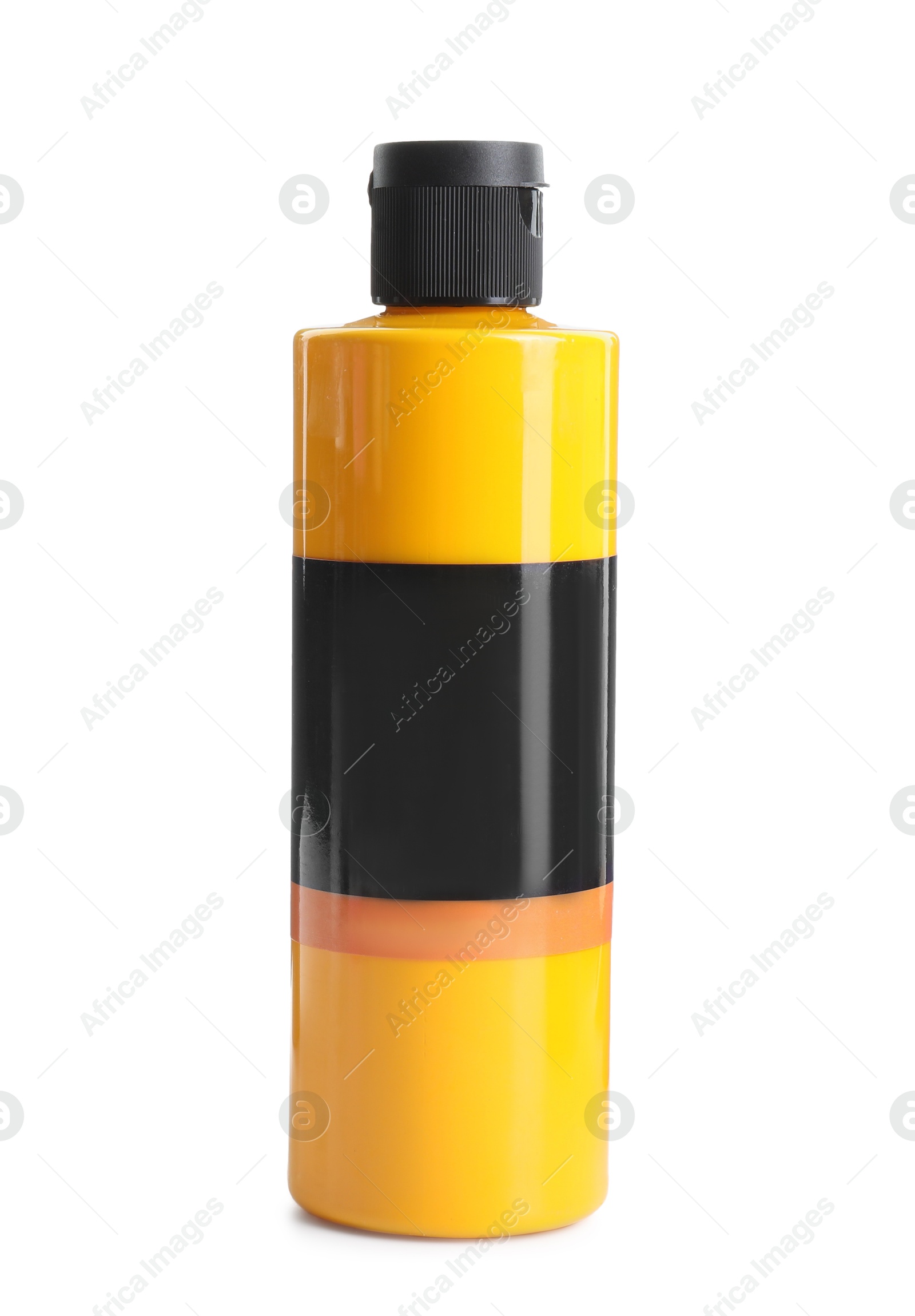 Photo of Orange acrylic paint in bottle isolated on white