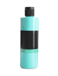 Photo of Turquoise acrylic paint in bottle isolated on white