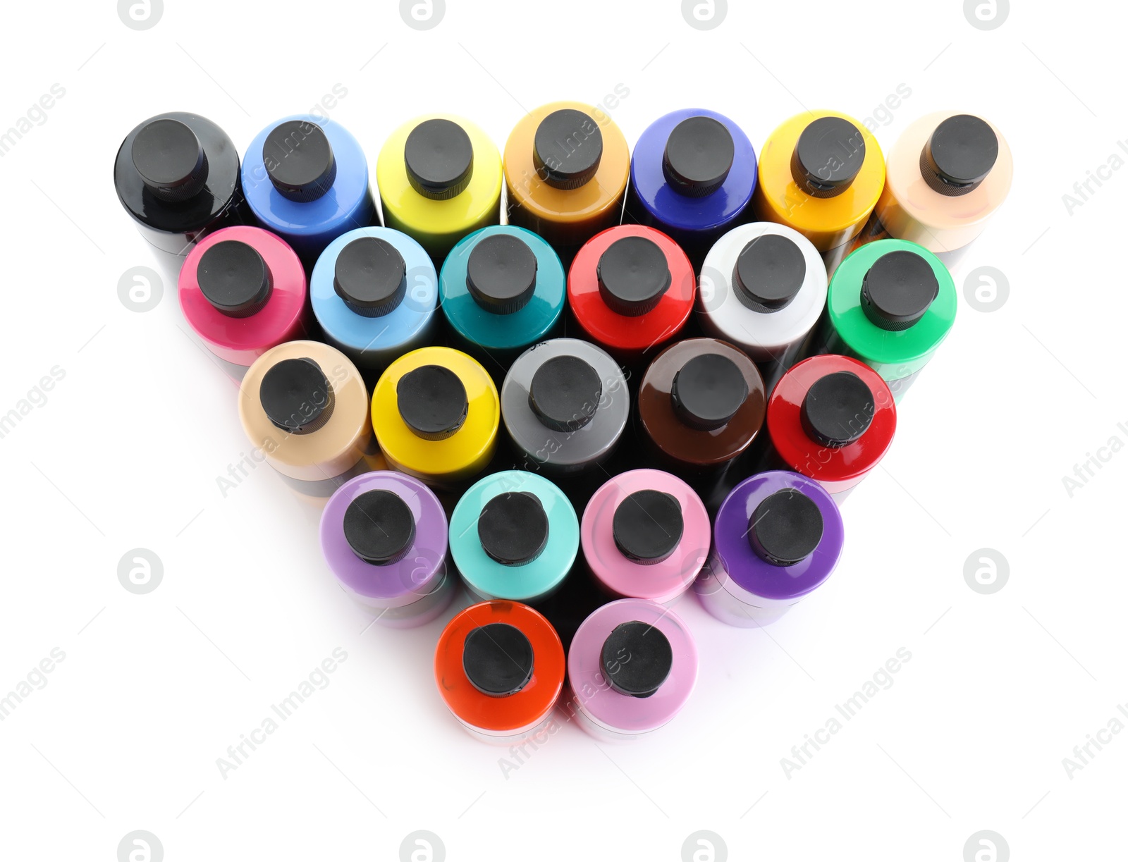 Photo of Acrylic paints of different colors in bottles isolated on white, top view