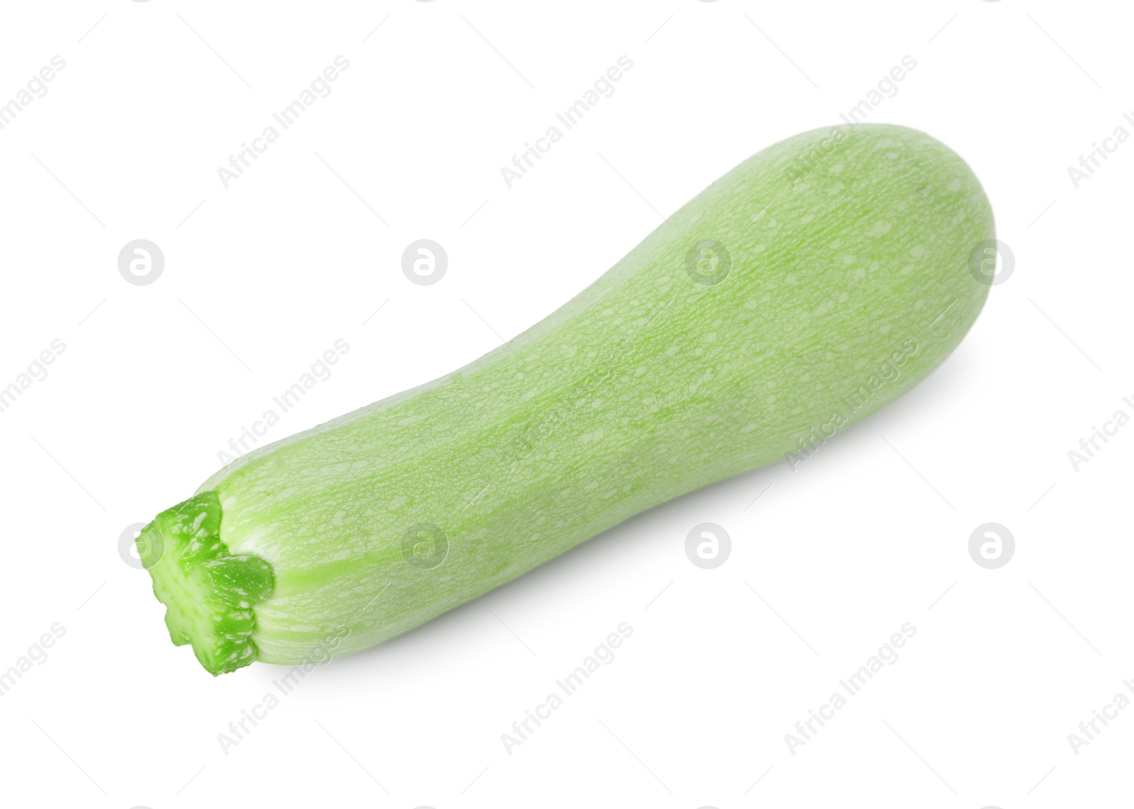 Photo of One fresh ripe zucchini isolated on white, top view