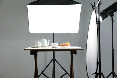 Shooting food in photo studio with professional lighting equipment