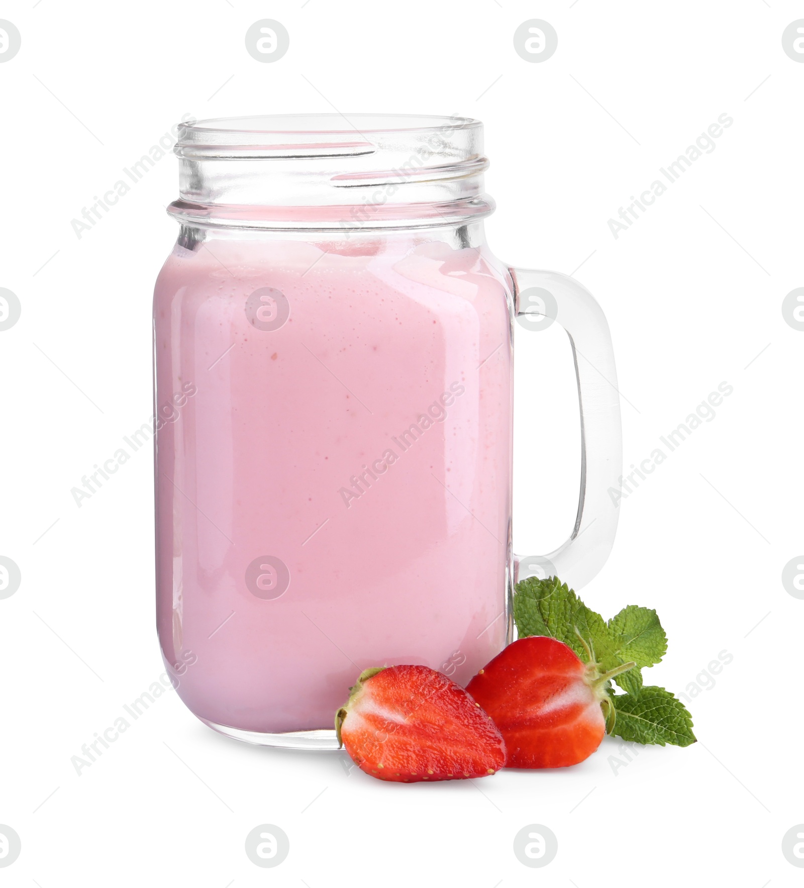 Photo of Tasty yogurt in mason jar, fresh strawberries and mint isolated on white