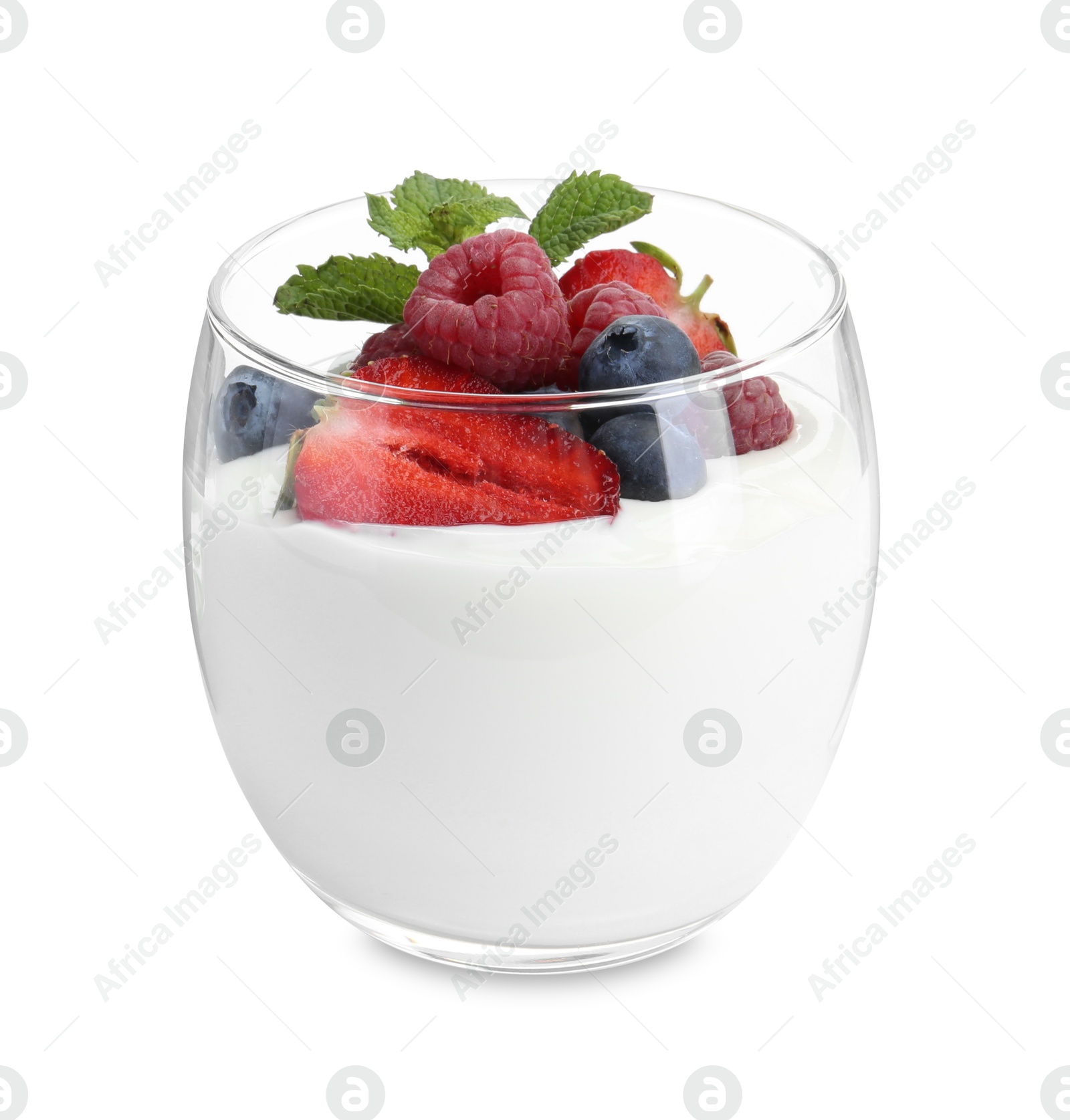 Photo of Tasty yogurt with fresh berries and mint in glass isolated on white