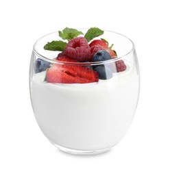 Photo of Tasty yogurt with fresh berries and mint in glass isolated on white