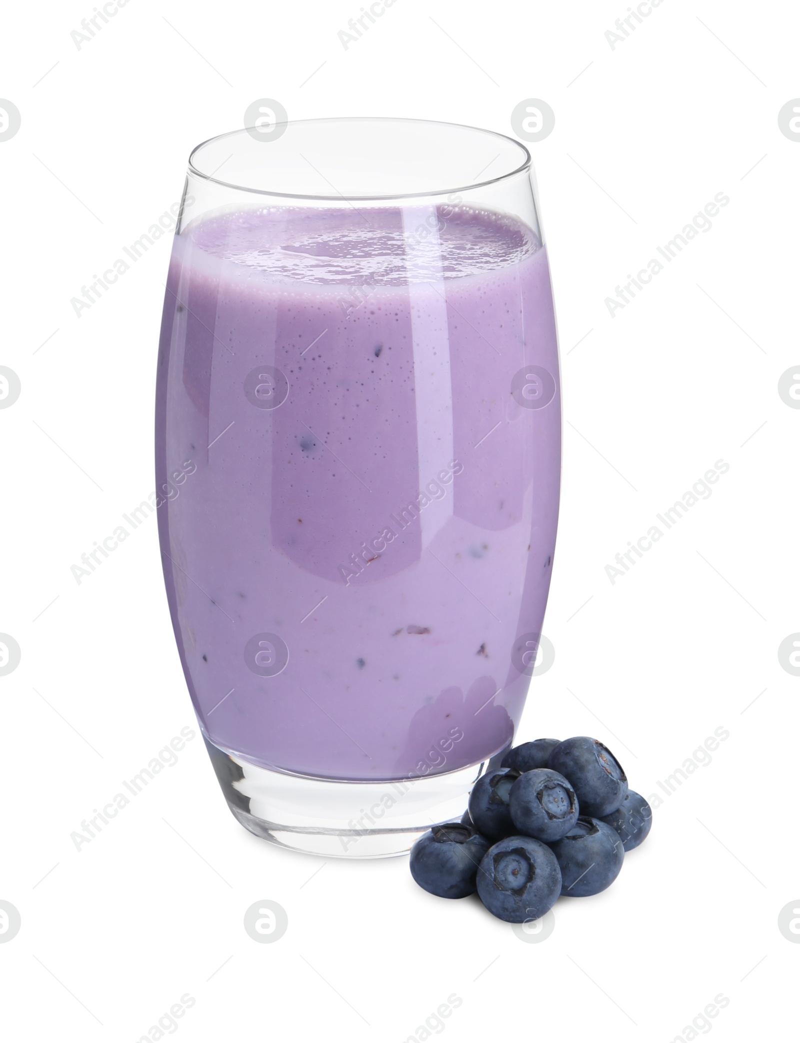 Photo of Tasty yogurt in glass and fresh blueberries isolated on white