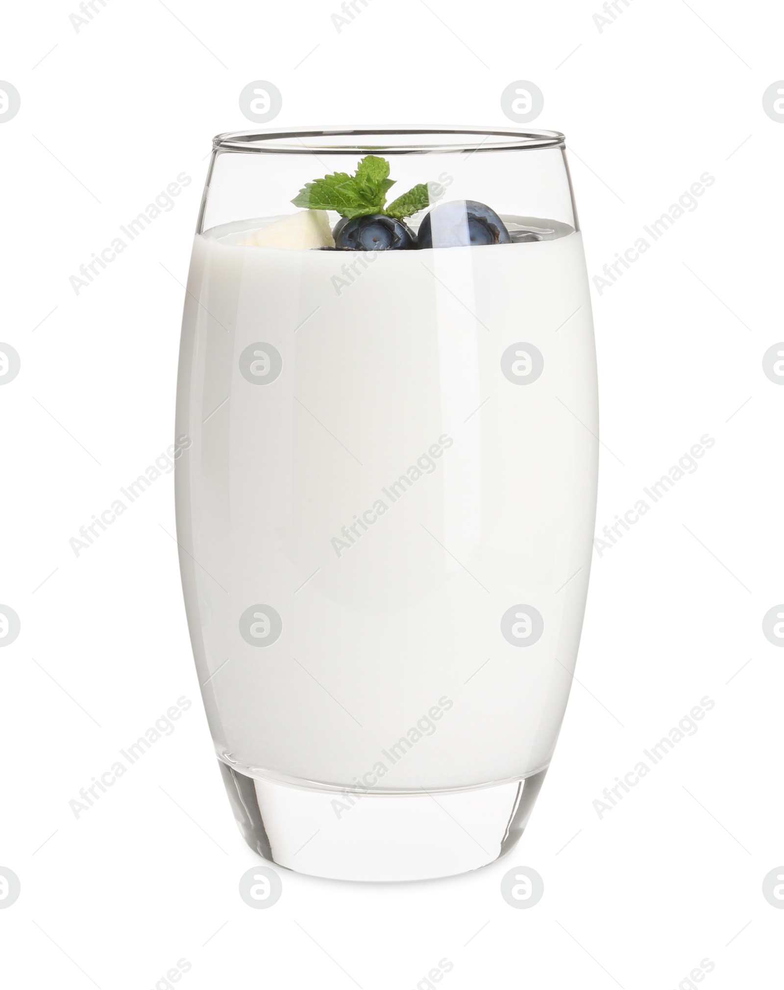 Photo of Tasty yogurt with blueberries and mint in glass isolated on white