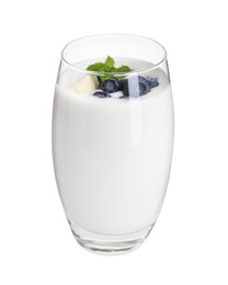 Tasty yogurt with blueberries and mint in glass isolated on white