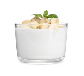 Photo of Tasty yogurt with banana and mint in glass isolated on white