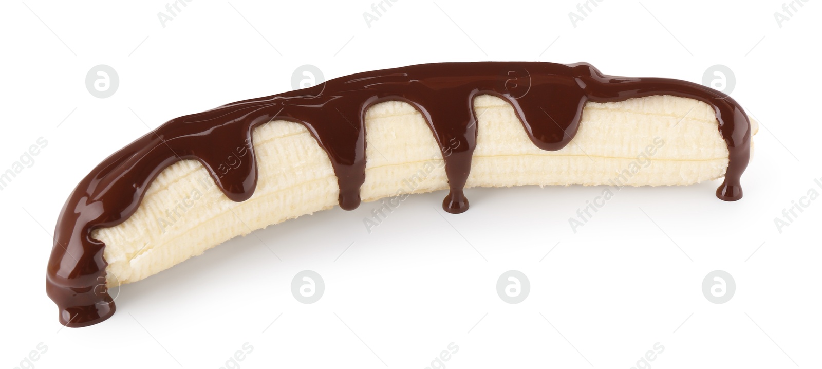 Photo of Fresh banana with melted chocolate isolated on white