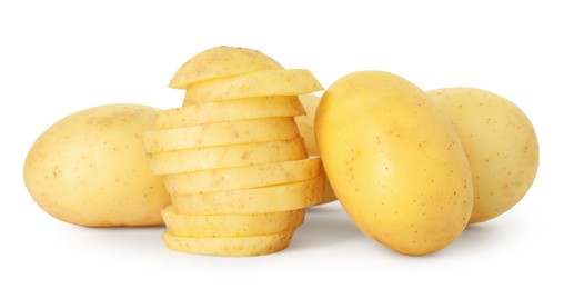 Photo of Fresh whole and cut potatoes isolated on white