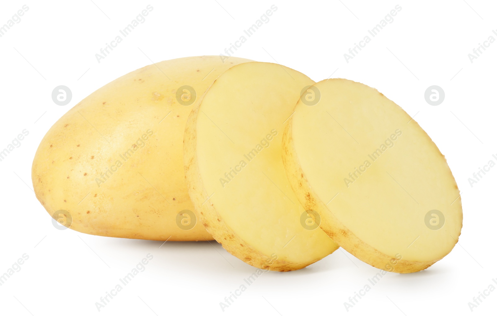 Photo of Fresh whole and cut potatoes isolated on white