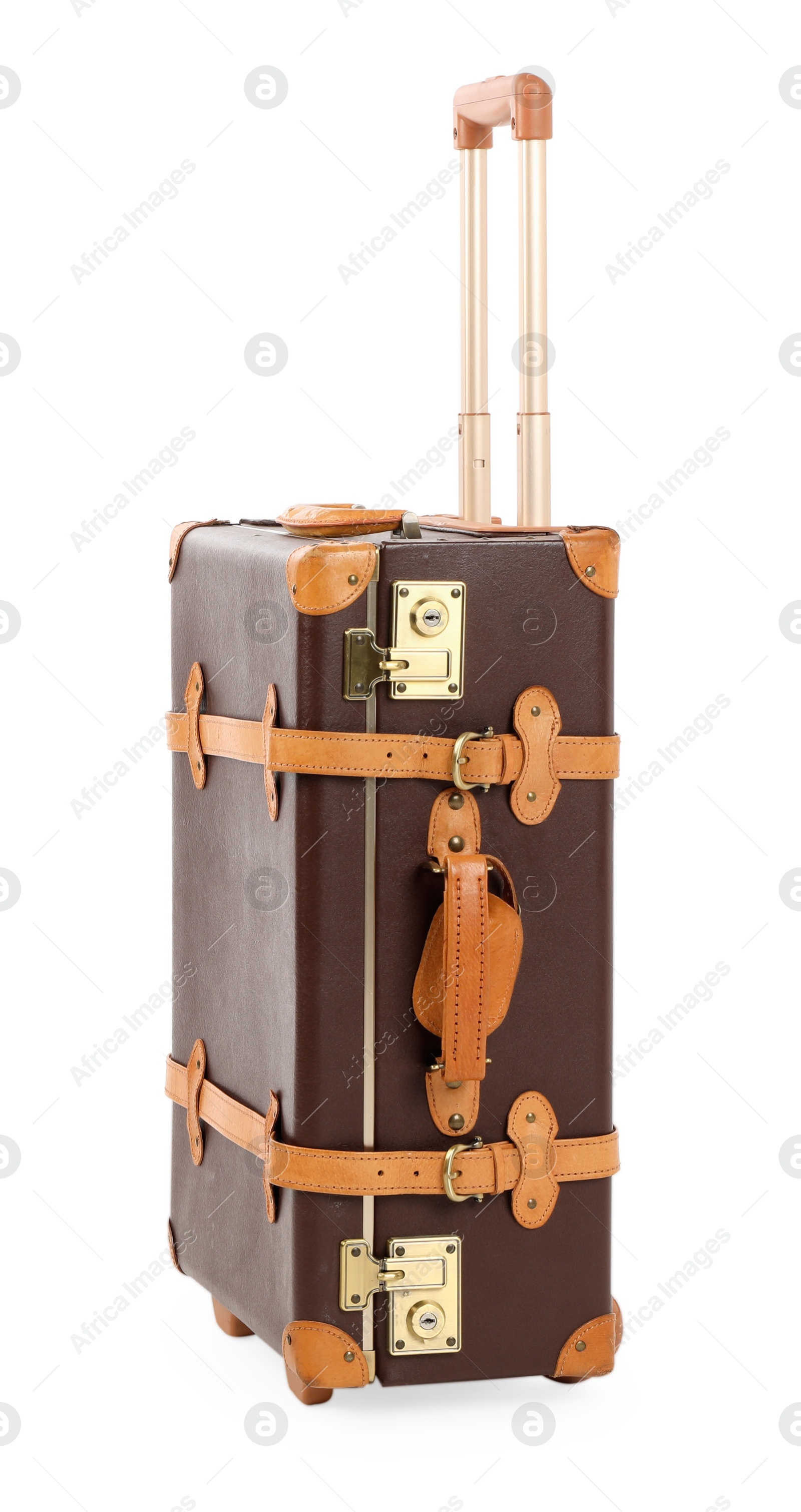 Photo of One new brown suitcase isolated on white