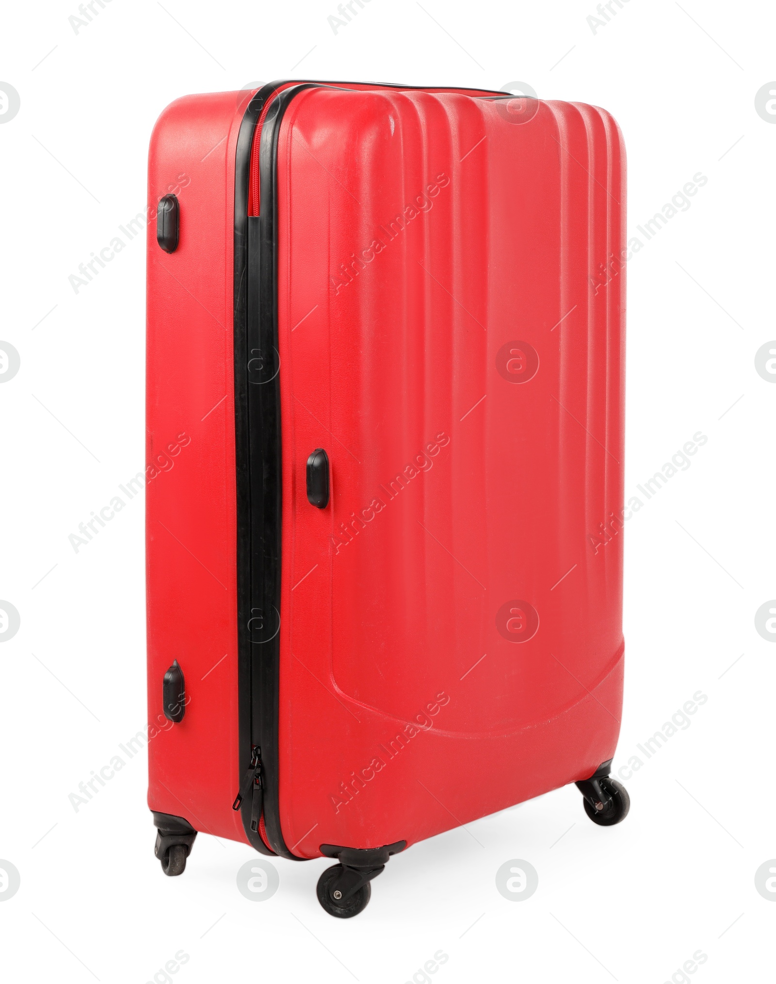 Photo of One new red suitcase isolated on white