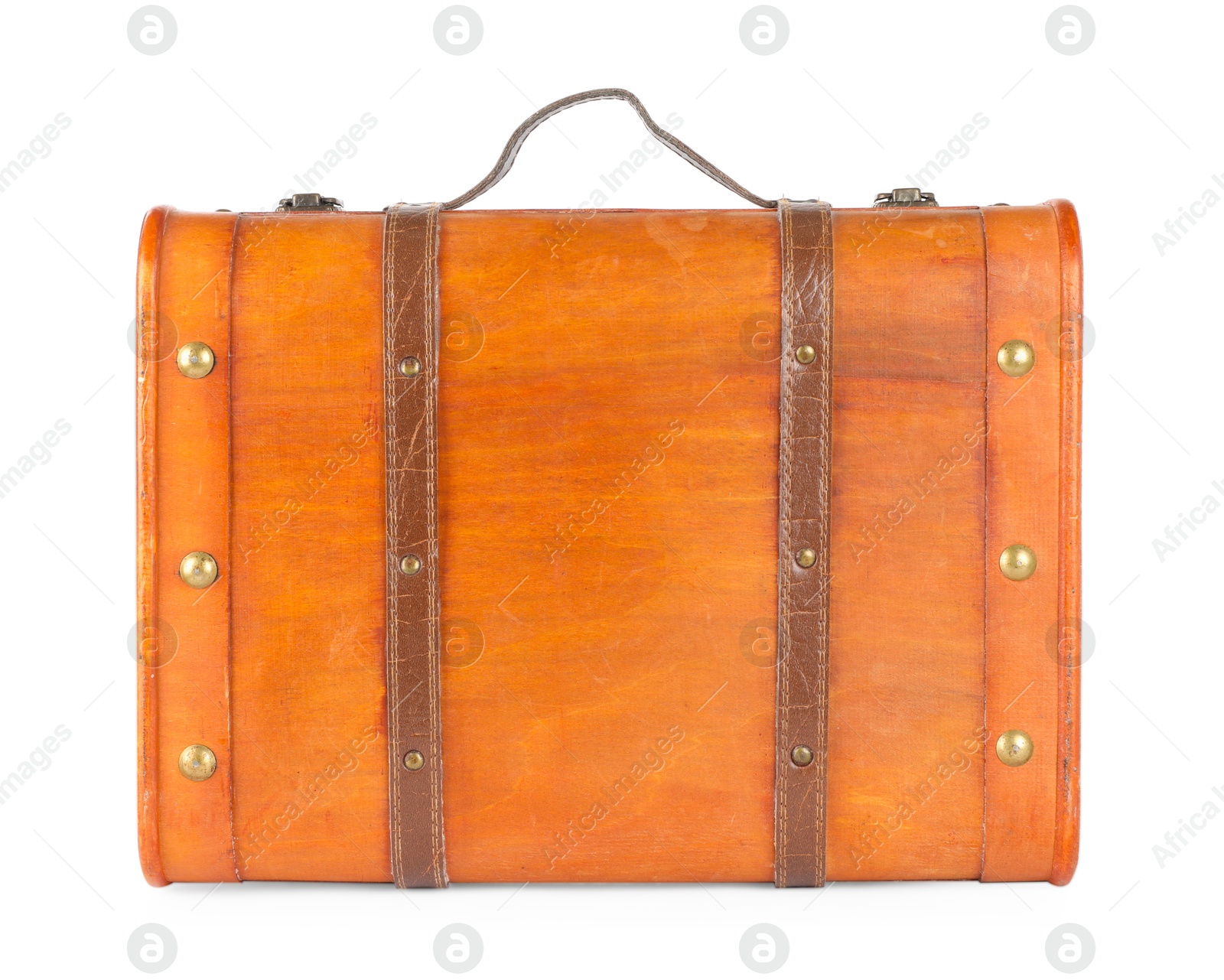 Photo of One new wooden suitcase isolated on white