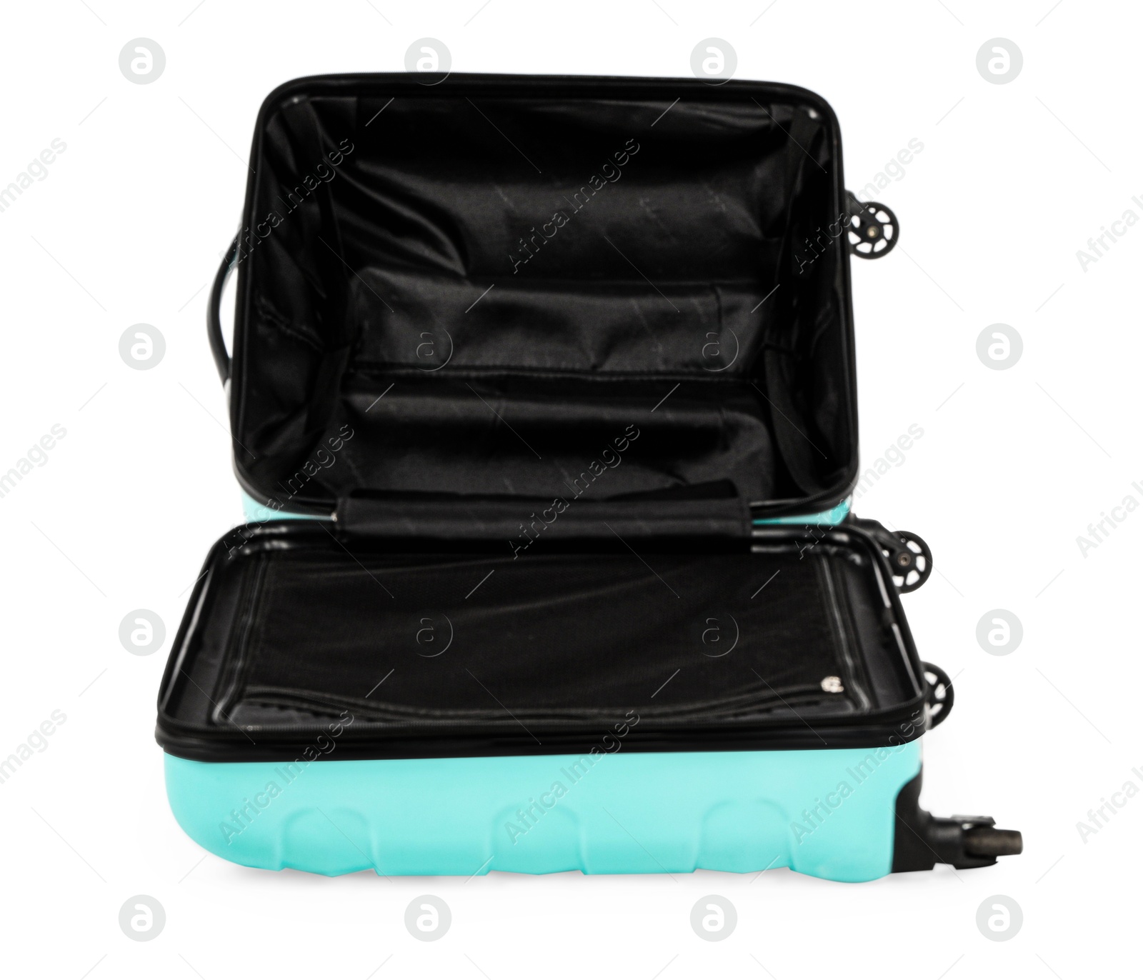 Photo of One open light blue suitcase isolated on white