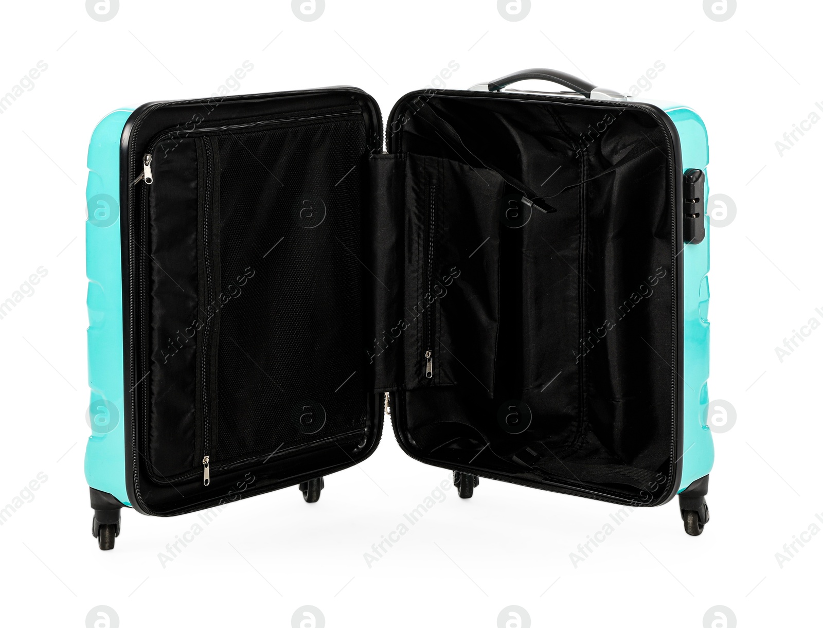 Photo of One open light blue suitcase isolated on white