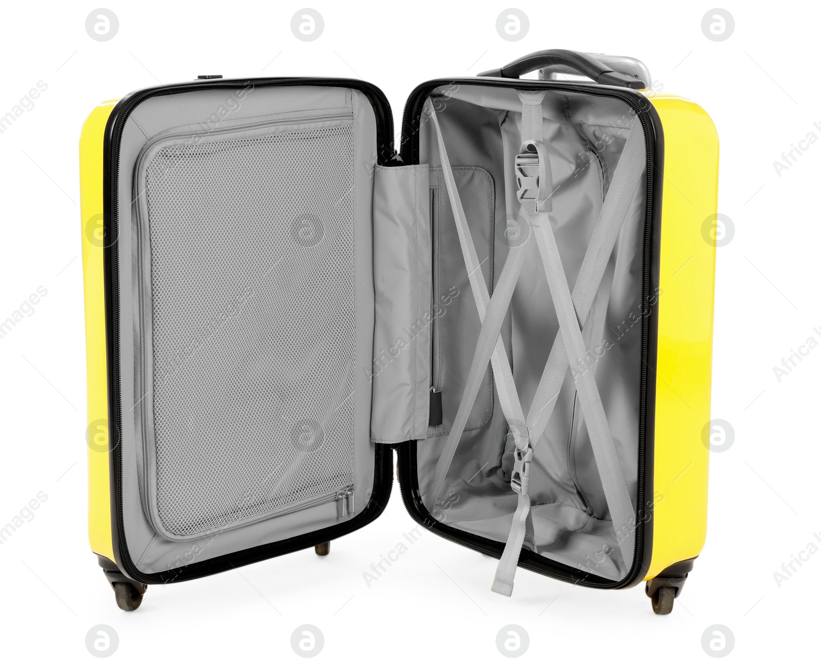 Photo of One open yellow suitcase isolated on white