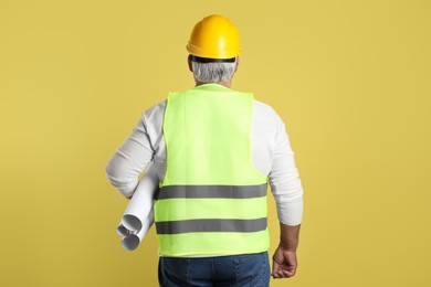 Engineer in hard hat with drafts on yellow background, back view