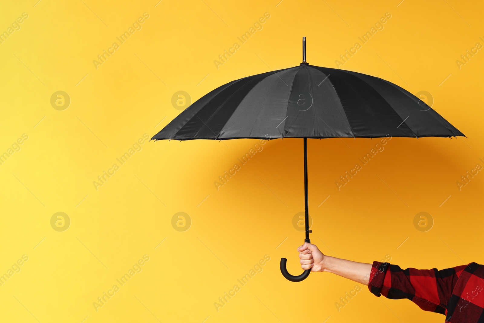 Photo of Man holding black umbrella on yellow background, closeup