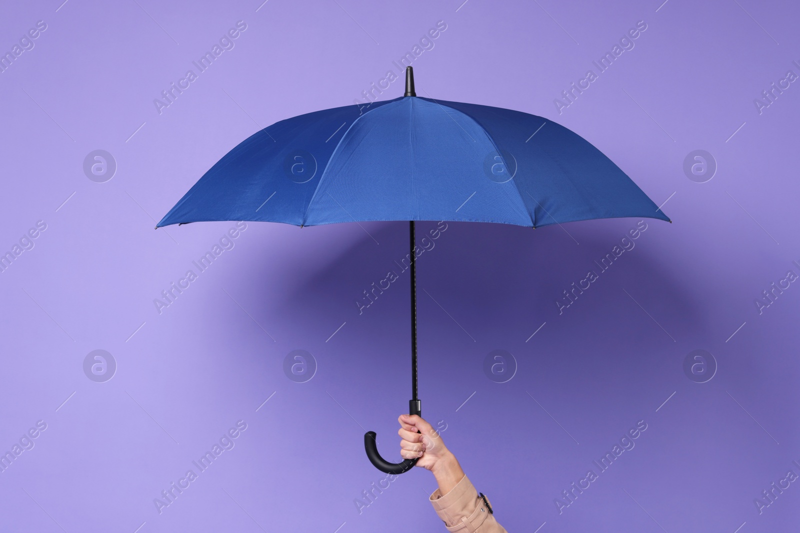 Photo of Man holding blue umbrella on purple background, closeup