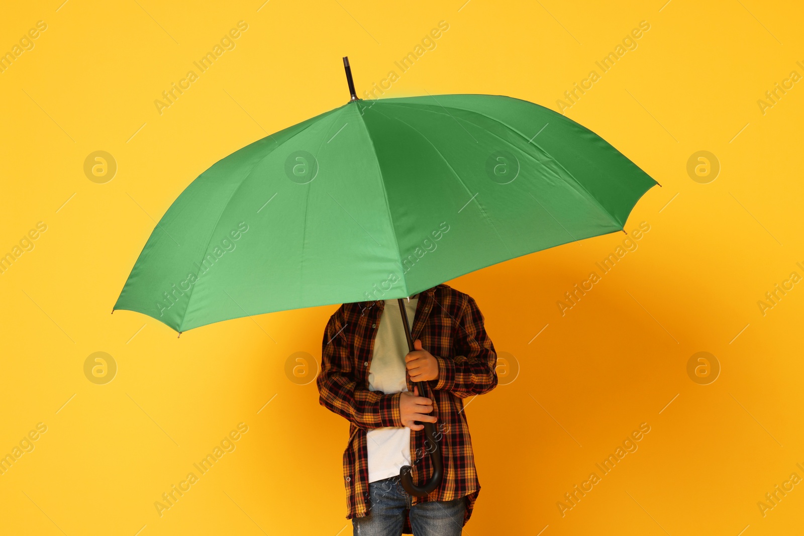 Photo of Little boy with green umbrella on orange background