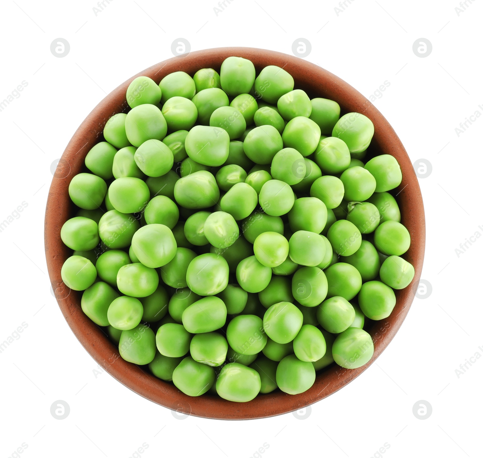 Photo of Fresh green peas in bowl isolated on white, top view