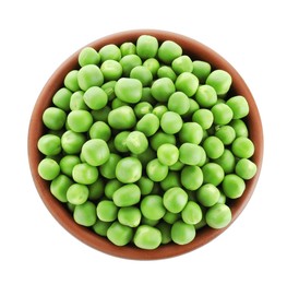 Photo of Fresh green peas in bowl isolated on white, top view