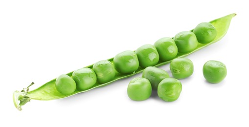 Green fresh peas and pod isolated on white