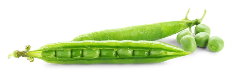 Photo of Green fresh peas and pods isolated on white