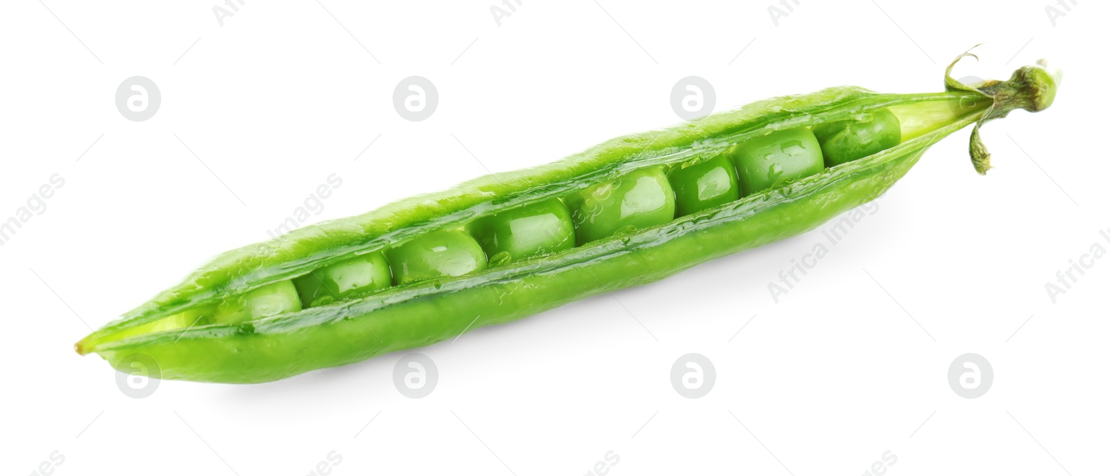 Photo of One green fresh pea pod isolated on white