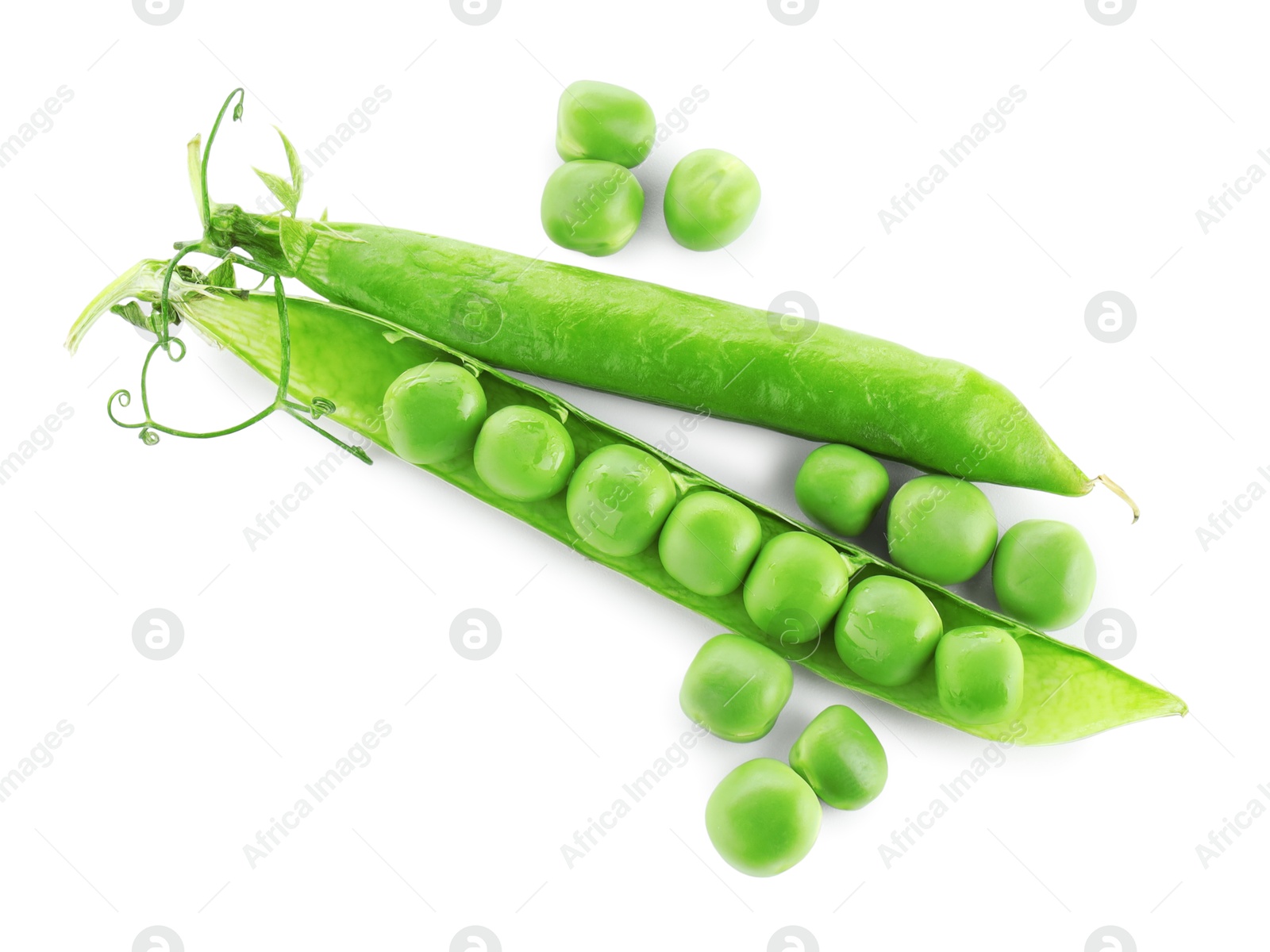 Photo of Green fresh peas and pods isolated on white, top view