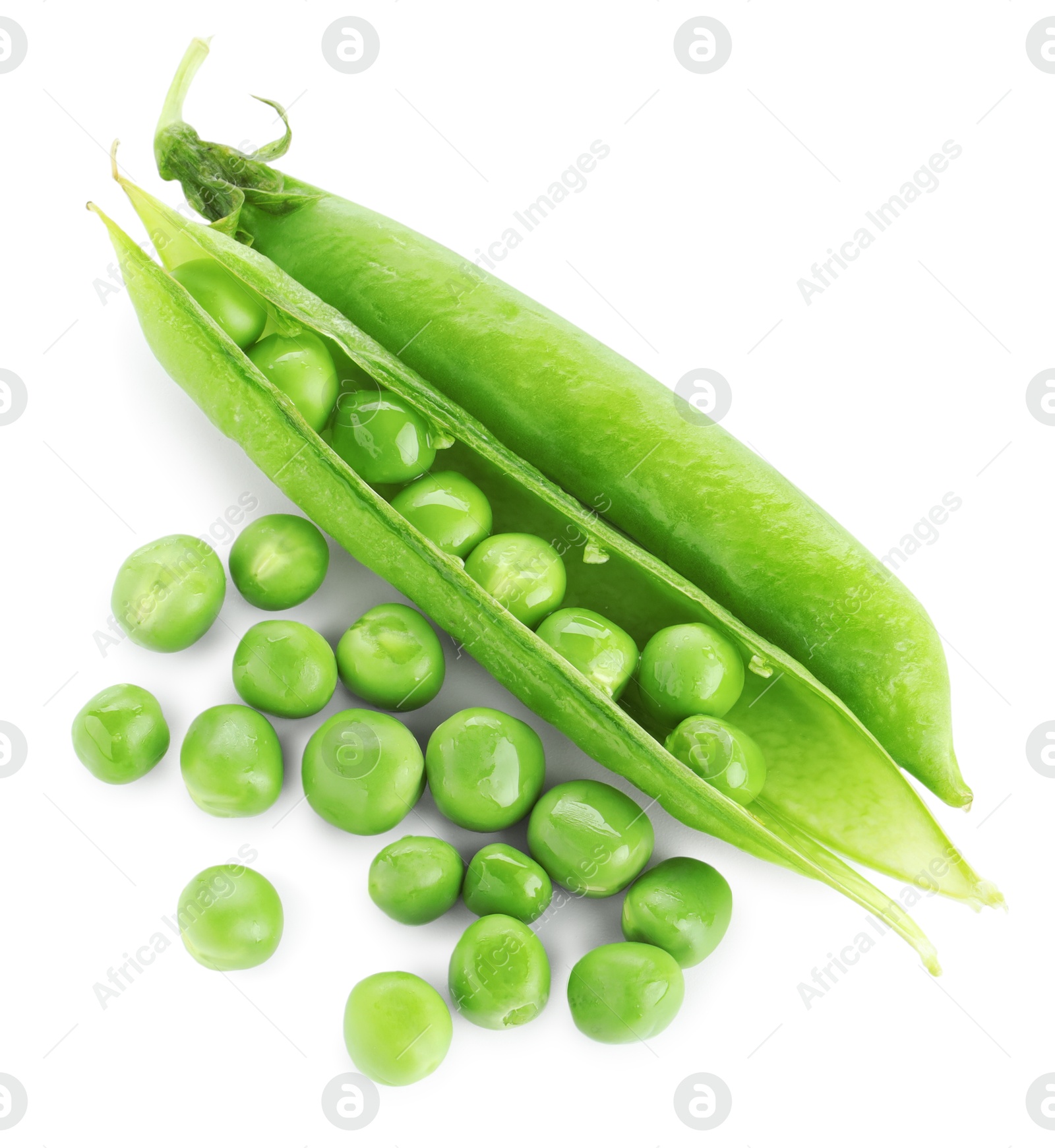 Photo of Green fresh peas and pods isolated on white, top view