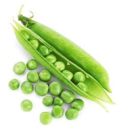 Photo of Green fresh peas and pods isolated on white, top view