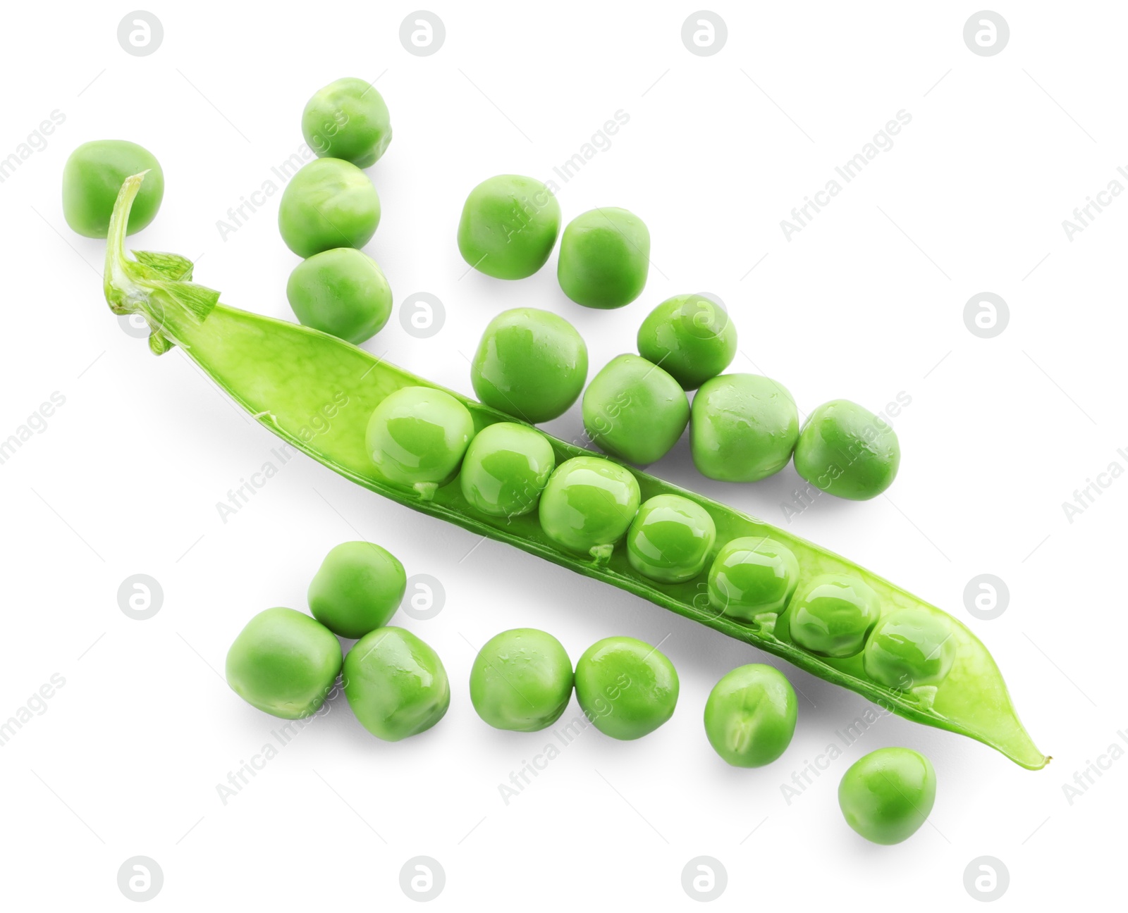 Photo of Green fresh peas and pod isolated on white, top view