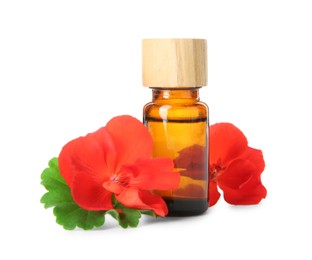 Photo of Bottle of geranium essential oil and beautiful flowers isolated on white