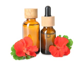 Photo of Bottles of geranium essential oil and beautiful flowers isolated on white