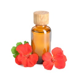 Photo of Bottle of geranium essential oil and beautiful flowers isolated on white