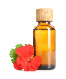 Photo of Bottle of geranium essential oil and beautiful flower isolated on white