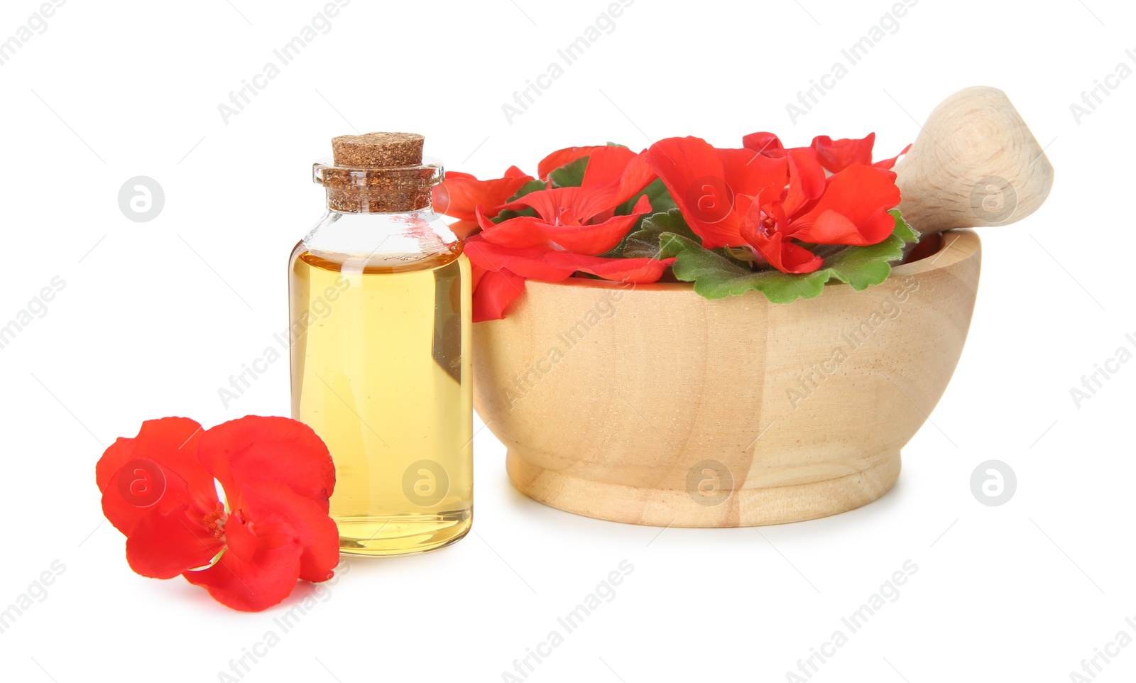 Photo of Bottle of geranium essential oil, mortar and pestle with beautiful flowers isolated on white