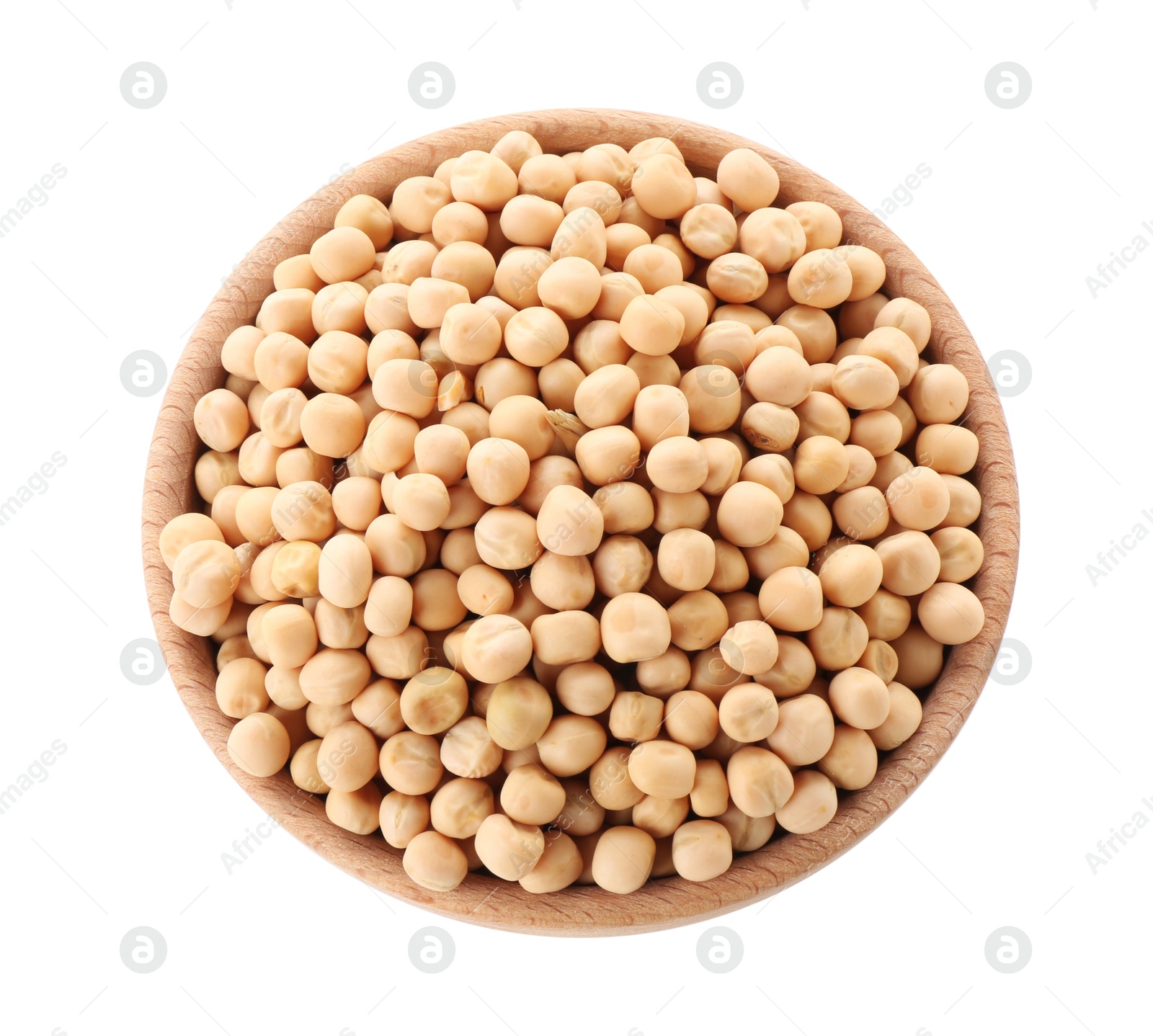 Photo of Dried peas in bowl isolated on white, top view