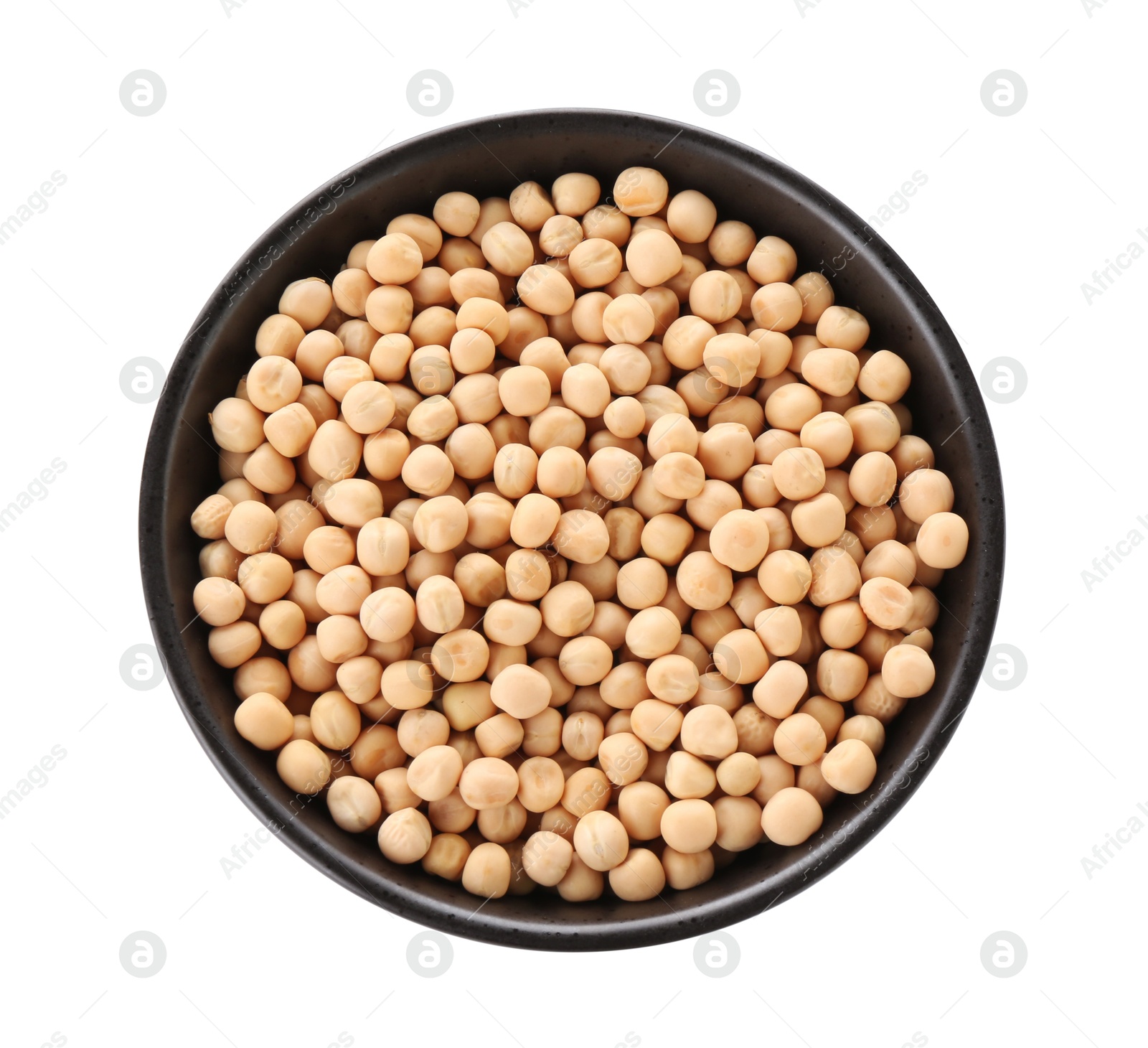 Photo of Dried peas in bowl isolated on white, top view