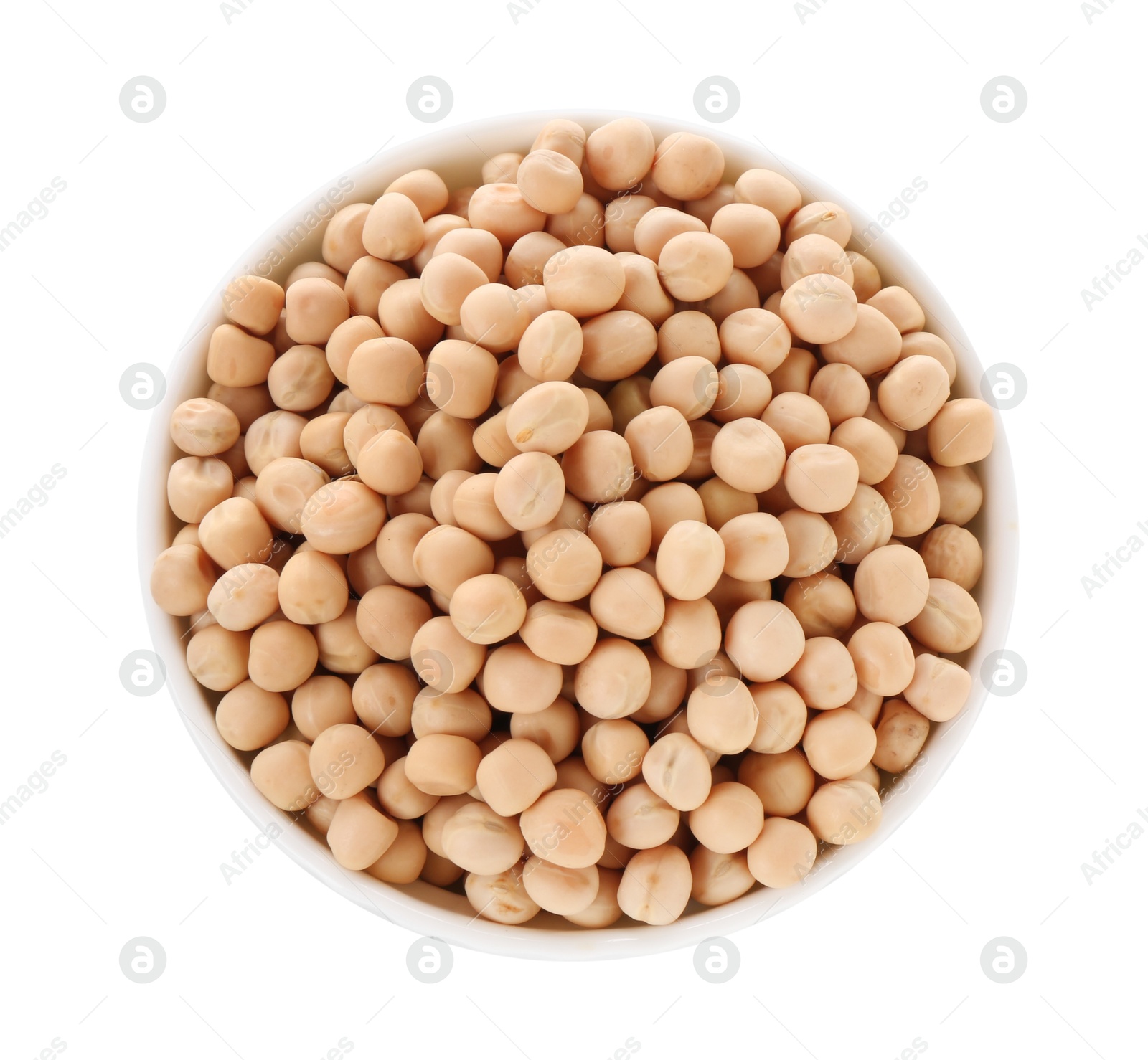 Photo of Dried peas in bowl isolated on white, top view